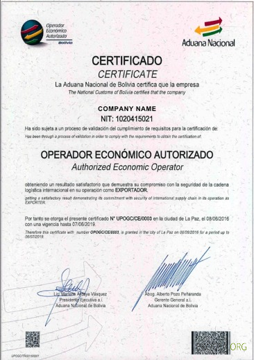 Certificat d'enregistrement en Bolivie